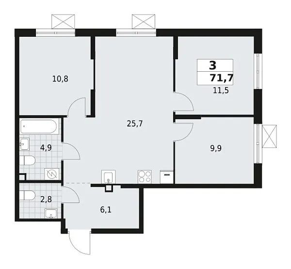Новая 3-к квартира
 71.7 м² на 2/12 этаже в ЖК «А101 Всеволожск» в городе Тюмень 