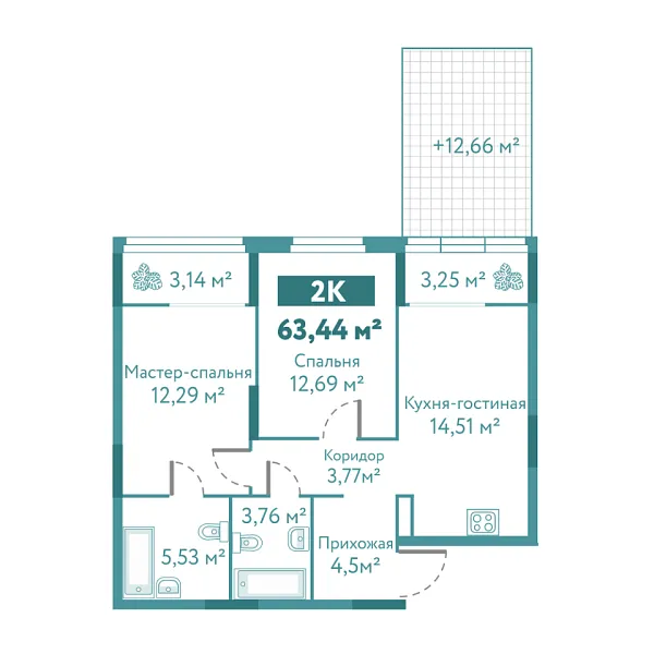 Новая 2-к квартира
 63.44 м² на 1/10 этаже в ЖК «Акватория» в городе Тюмень 