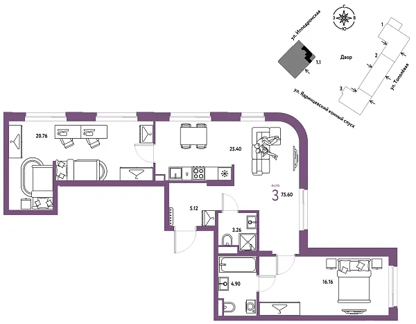 Новая 3-к квартира
 75.6 м² на 29/30 этаже в ЖК «Страна.Тополёвая» в городе Тюмень 