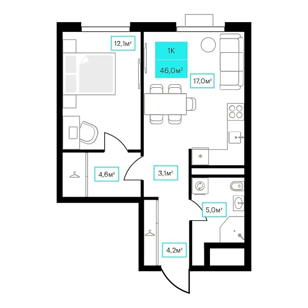 Количество комнат: 1,  46 кв.м.