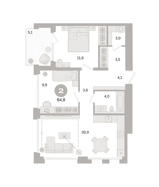 Новая 2-к квартира
 64.8 м² на 3/8 этаже в ЖК «Дом «А»» в городе Тюмень 