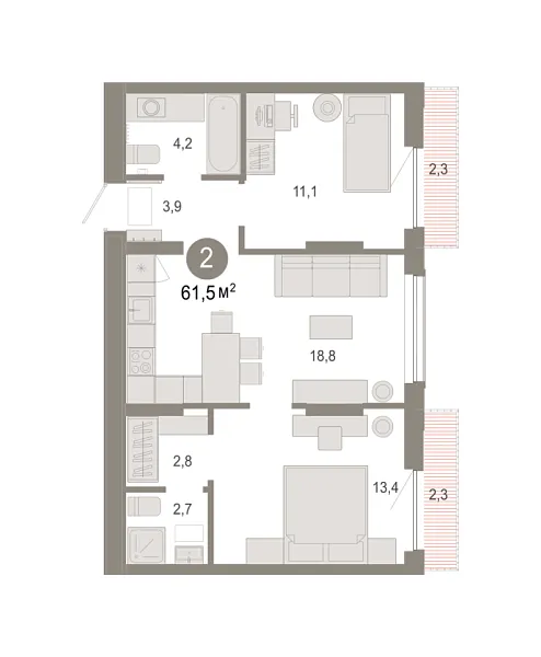 Новая 2-к квартира
 61.51 м² на 4/9 этаже в ЖК «Октябрьский на Туре» в городе Тюмень 