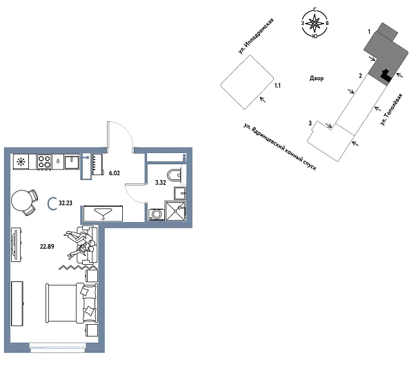 Новая квартира-студия
 32.23 м² на 9/9 этаже в ЖК «Страна.Тополёвая» в городе Тюмень 