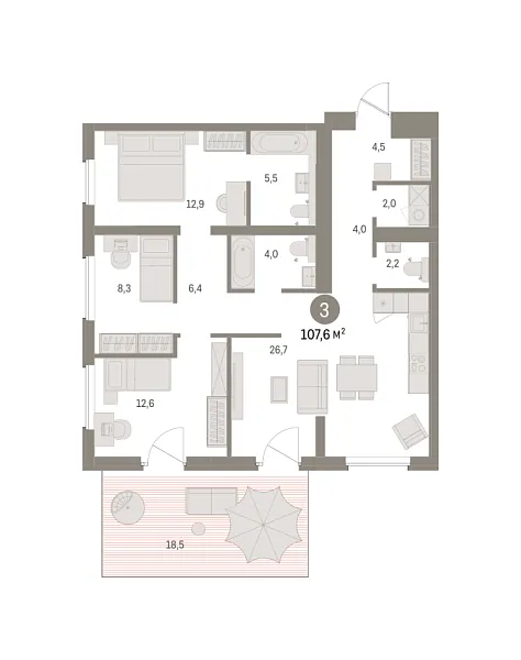 Новая 3-к квартира
 107.31 м² на 2/9 этаже в ЖК «Северный ветер» в городе Тюмень 