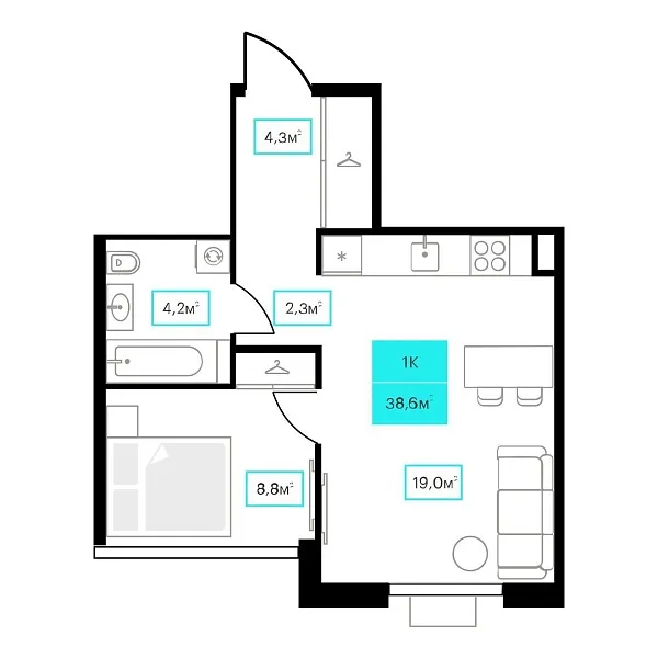 Количество комнат: 1,  38.6 кв.м.