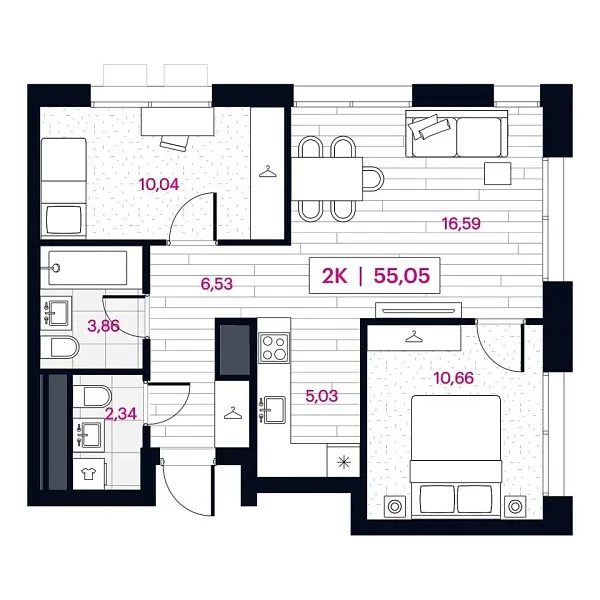 Новая 2-к квартира
 55.12 м² на 6/16 этаже в ЖК «Пушкина» в городе Тюмень 