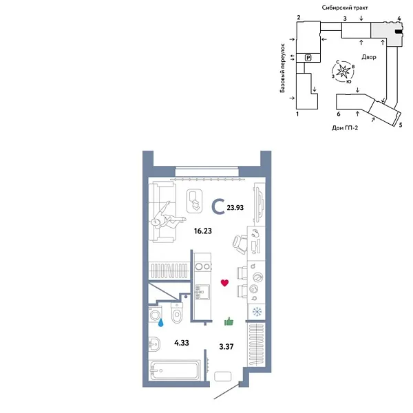 Новая квартира-студия
 23.93 м² на 13/32 этаже в ЖК «Сибирский сад» в городе Тюмень 