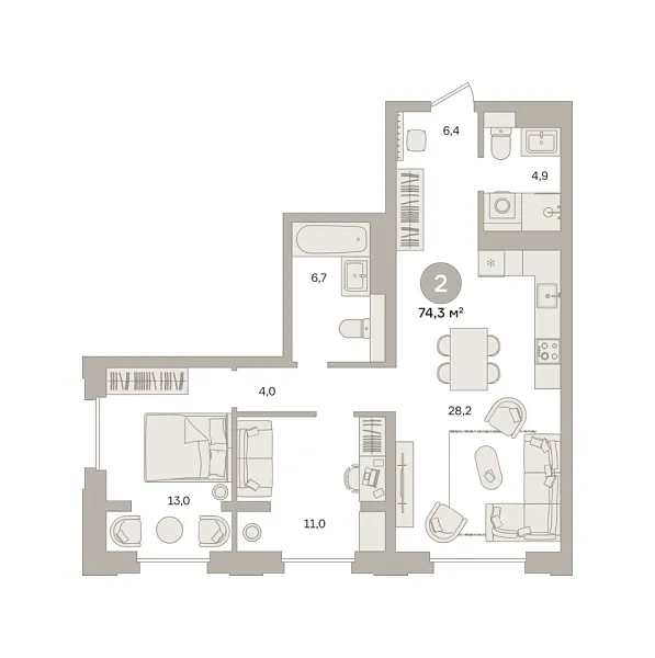 Новая 2-к квартира
 74.28 м² на 8/25 этаже в ЖК «Квартал «МОНС»» в городе Тюмень 