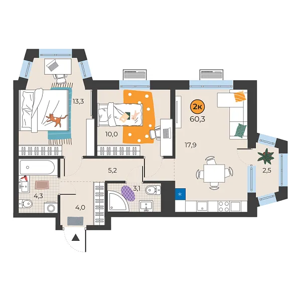 Новая 2-к квартира
 58.6 м² на 15/25 этаже в ЖК «Корней» в городе Тюмень 