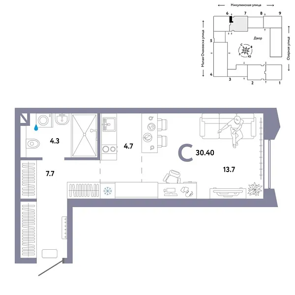 Новая квартира-студия
 30.4 м² на 18/30 этаже в ЖК «Страна.Озёрная» в городе Тюмень 