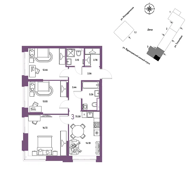 Новая 3-к квартира
 75.58 м² на 2/9 этаже в ЖК «Страна.Тополёвая» в городе Тюмень 
