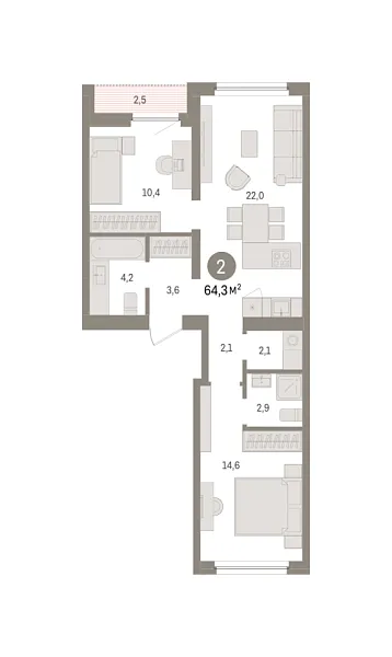 Новая 2-к квартира
 64.33 м² на 7/8 этаже в ЖК «Зарека» в городе Тюмень 