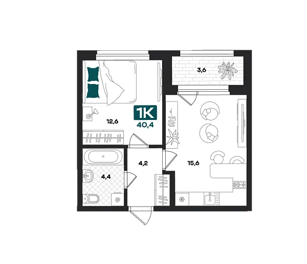 Новая 1-к квартира
 40.4 м² на 18/23 этаже в ЖК «Добро» в городе Тюмень 