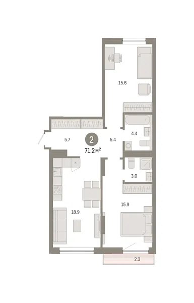 Новая 2-к квартира
 71.22 м² на 2/7 этаже в ЖК «Октябрьский на Туре» в городе Тюмень 