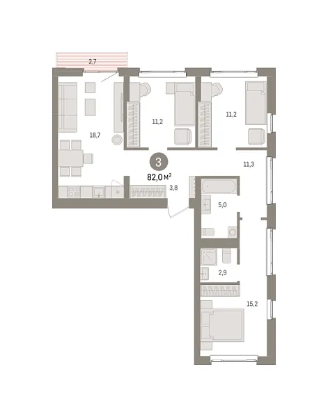 Новая 3-к квартира
 82 м² на 5/7 этаже в ЖК «Квартал «Траектория»» в городе Тюмень 
