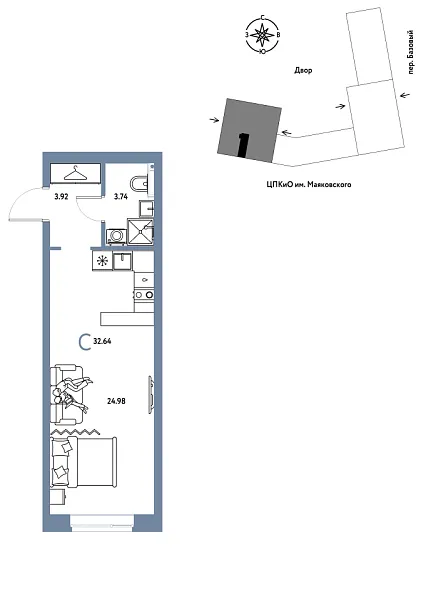 Новая квартира-студия
 32.64 м² на 15/25 этаже в ЖК «Сибирский сад» в городе Тюмень 