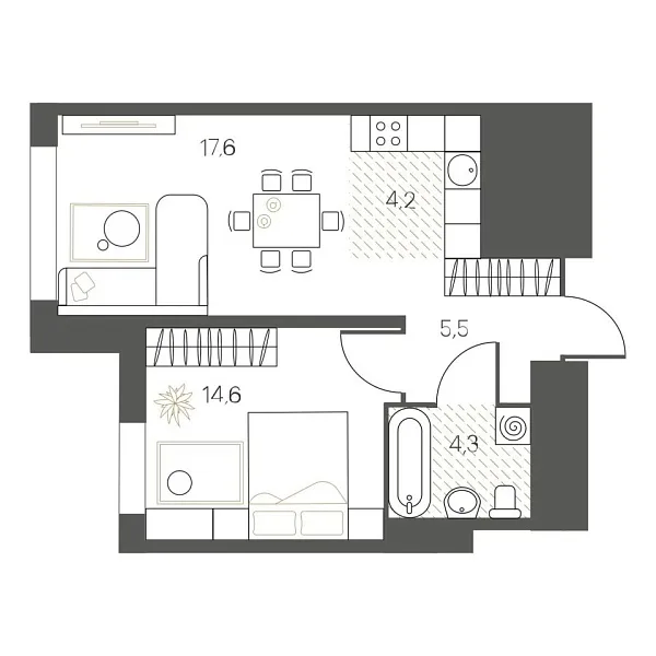 Новая 1-к квартира
 46 м² на 8/12 этаже в ЖК «White House» в городе Тюмень 