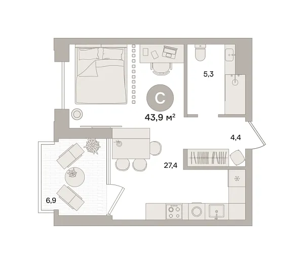 Новая квартира-студия
 43.91 м² на 20/27 этаже в ЖК «Квартал «МОНС»» в городе Тюмень 