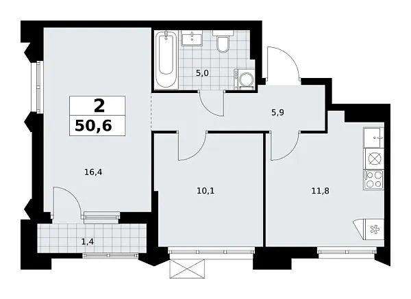 Новая 2-к квартира
 50.6 м² на 11/16 этаже в ЖК «Деснаречье» в городе Тюмень 
