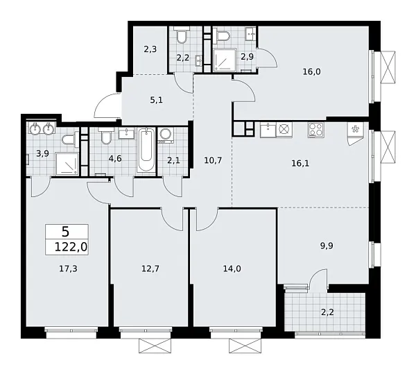 Новая 5-к квартира
 122 м² на 15/17 этаже в ЖК «Скандинавия» в городе Тюмень 