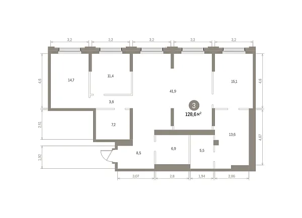 Количество комнат: 3,  128.6 кв.м.