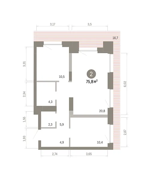 Количество комнат: 2,  75.8 кв.м.