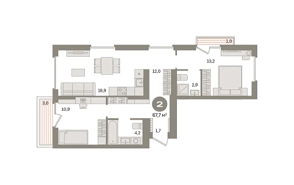 Новая 2-к квартира
 67.73 м² на 4/4 этаже в ЖК «Первый квартал» в городе Тюмень 