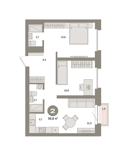 Новая 2-к квартира
 56.8 м² на 5/31 этаже в ЖК «Квартал «Метроном»» в городе Тюмень 