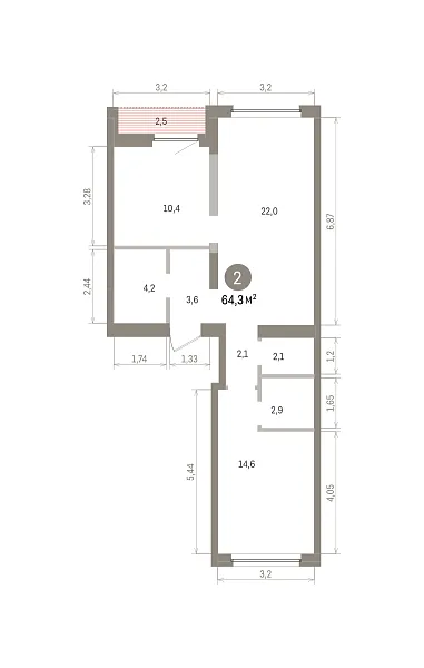 Количество комнат: 2,  64.33 кв.м.