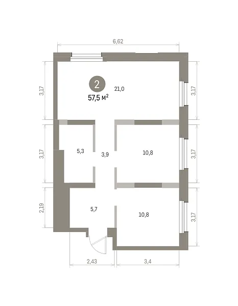 Количество комнат: 2,  57.5 кв.м.