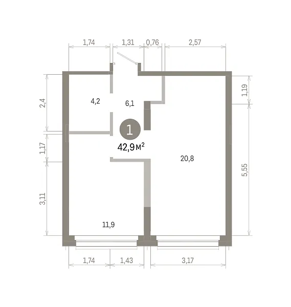 Количество комнат: 1,  42.86 кв.м.