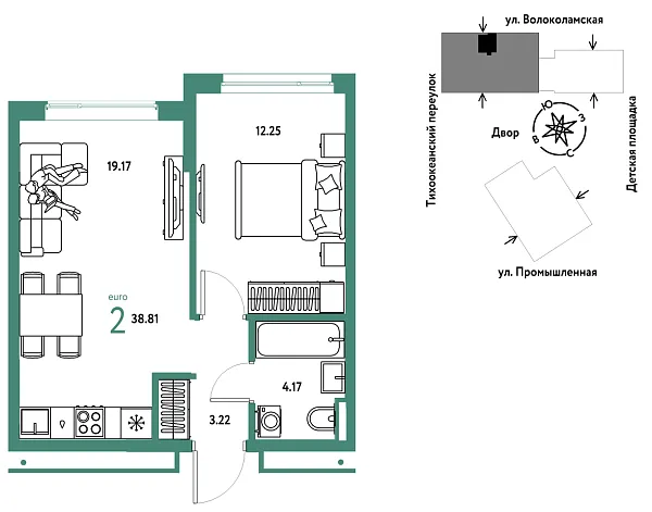 Новая 2-к квартира
 38.81 м² на 4/20 этаже в ЖК «Страна.Прибрежная» в городе Тюмень 