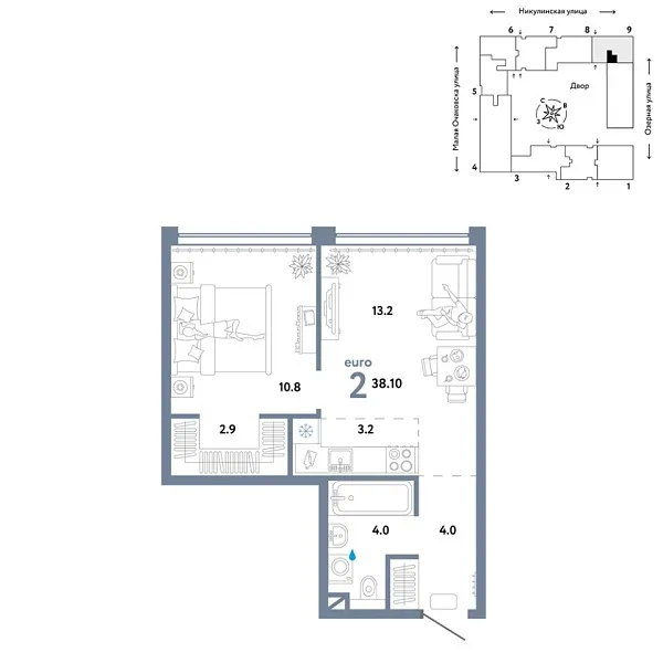 Новая 2-к квартира
 38.1 м² на 8/30 этаже в ЖК «Страна.Озёрная» в городе Тюмень 