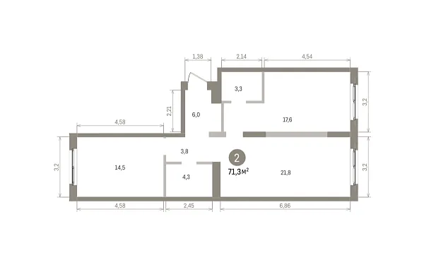 Количество комнат: 2,  71.3 кв.м.