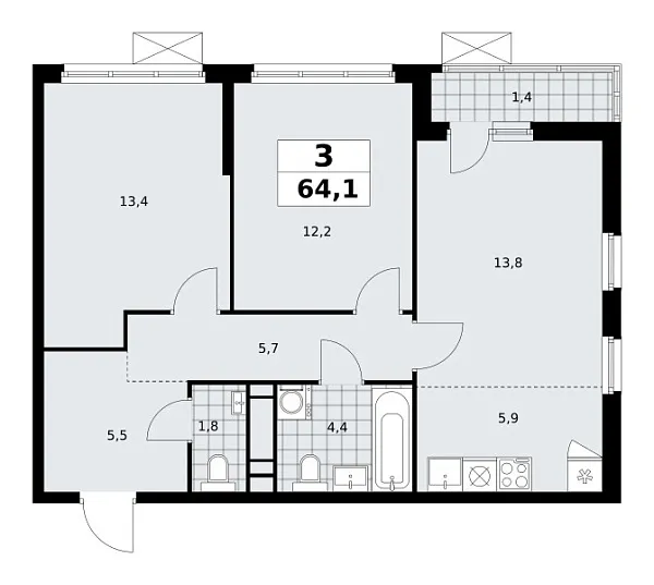 Новая 3-к квартира
 64.1 м² на 13/14 этаже в ЖК «Скандинавия» в городе Тюмень 
