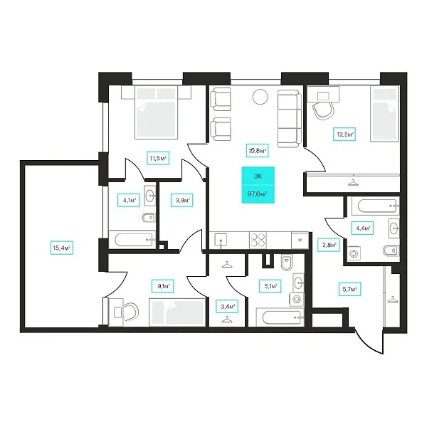 Количество комнат: 3,  97.6 кв.м.