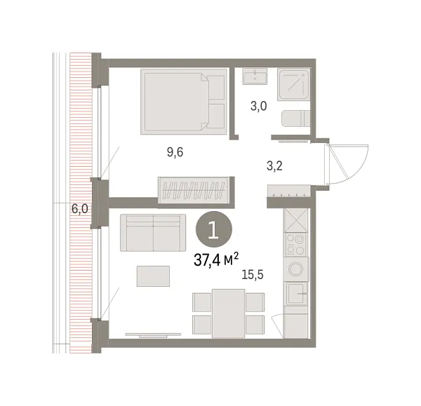 Новая 1-к квартира
 37.36 м² на 8/9 этаже в ЖК «Брусника в Академическом» в городе Тюмень 
