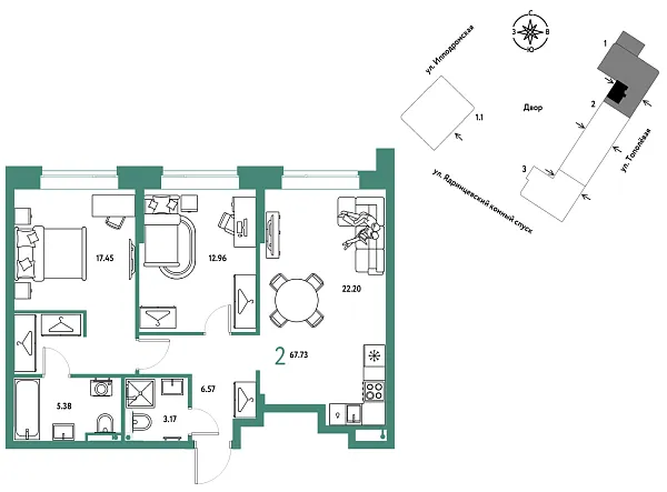 Новая 2-к квартира
 67.73 м² на 2/9 этаже в ЖК «Страна.Тополёвая» в городе Тюмень 