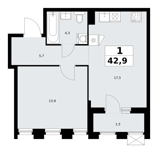 Новая 1-к квартира
 42.9 м² на 13/22 этаже в ЖК «Деснаречье» в городе Тюмень 
