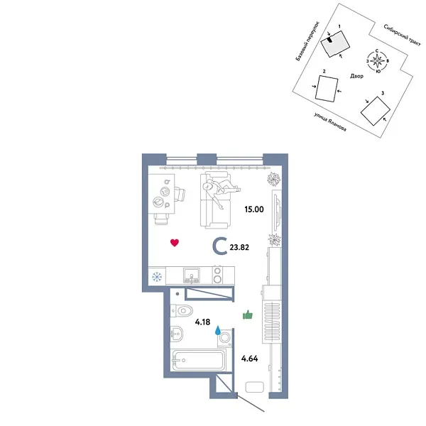 Новая квартира-студия
 23.82 м² на 26/32 этаже в ЖК «Сибирский сад» в городе Тюмень 