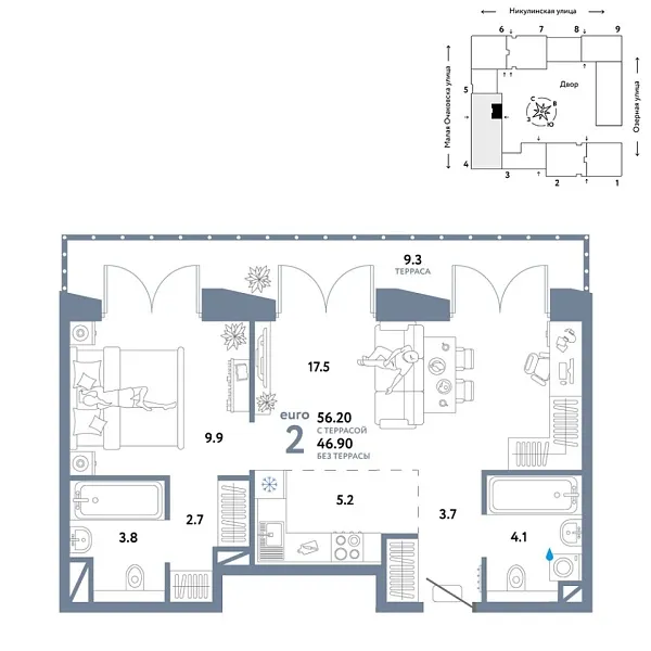 Новая 2-к квартира
 56.2 м² на 19/30 этаже в ЖК «Страна.Озёрная» в городе Тюмень 