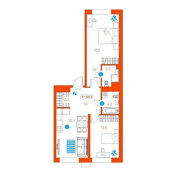 Новая 2-к квартира
 65.2 м² на 3/22 этаже в ЖК «SuperSky» в городе Тюмень 