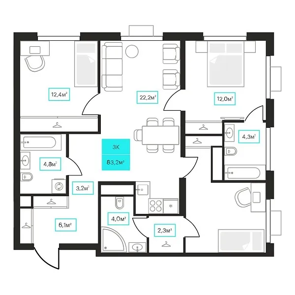 Количество комнат: 3,  83.2 кв.м.