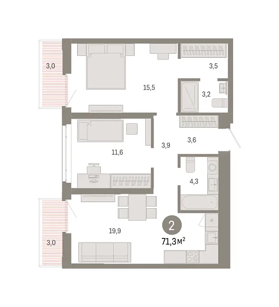 Новая 2-к квартира
 71.34 м² на 9/18 этаже в ЖК «Республики 205» в городе Тюмень 
