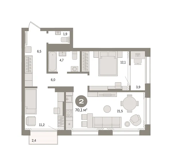 Новая 2-к квартира
 70.09 м² на 13/17 этаже в ЖК «Октябрьский на Туре» в городе Тюмень 