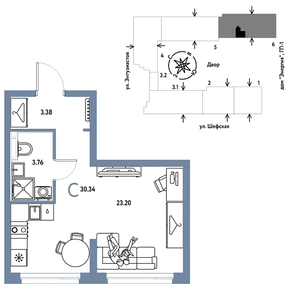 Новая квартира-студия
 30.34 м² на 10/24 этаже в ЖК «Страна.Энтузиастов» в городе Тюмень 