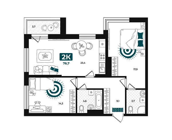 Новая 2-к квартира
 76.7 м² на 12/23 этаже в ЖК «Добро» в городе Тюмень 