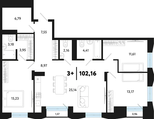 Новая 4-к квартира
 102.16 м² на 3/16 этаже в ЖК «Кедровый берег» в городе Тюмень 