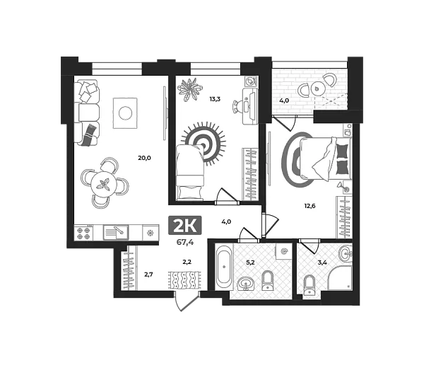 Новая 2-к квартира
 68.1 м² на 2/22 этаже в ЖК «Маэстро» в городе Тюмень 