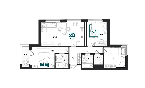 Новая 3-к квартира
 90.8 м² на 11/23 этаже в ЖК «Добро» в городе Тюмень 
